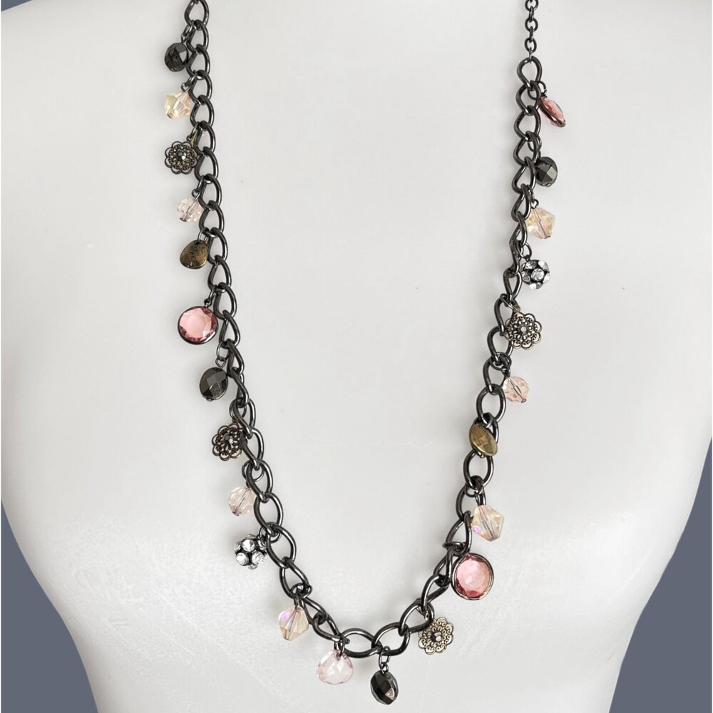 Gunmetal Statement Necklace Dangle Pink Charm Faceted Bead Long Chunky Chain Y2K